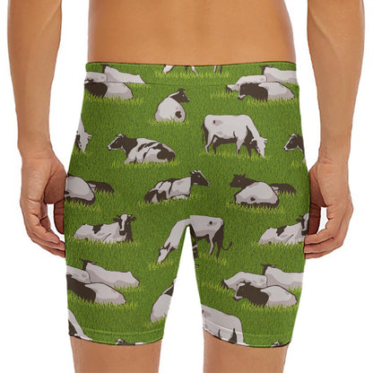 Cow On Green Grass Pattern Print Men's Long Boxer Briefs