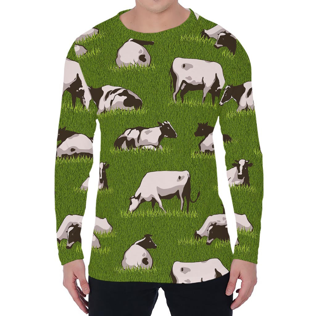 Cow On Green Grass Pattern Print Men's Long Sleeve T-Shirt