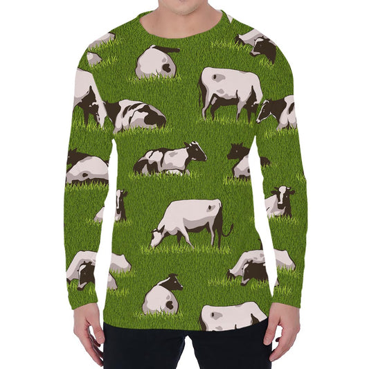 Cow On Green Grass Pattern Print Men's Long Sleeve T-Shirt