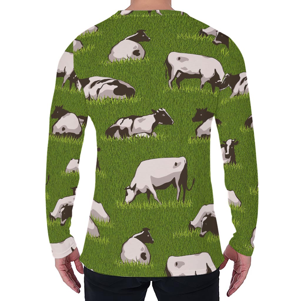 Cow On Green Grass Pattern Print Men's Long Sleeve T-Shirt