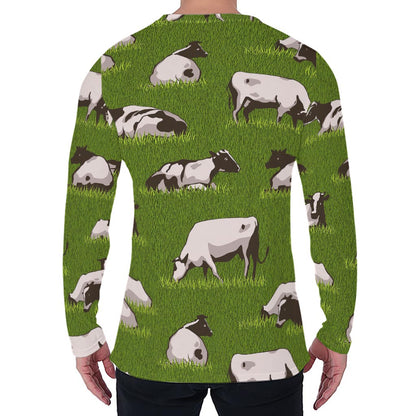 Cow On Green Grass Pattern Print Men's Long Sleeve T-Shirt