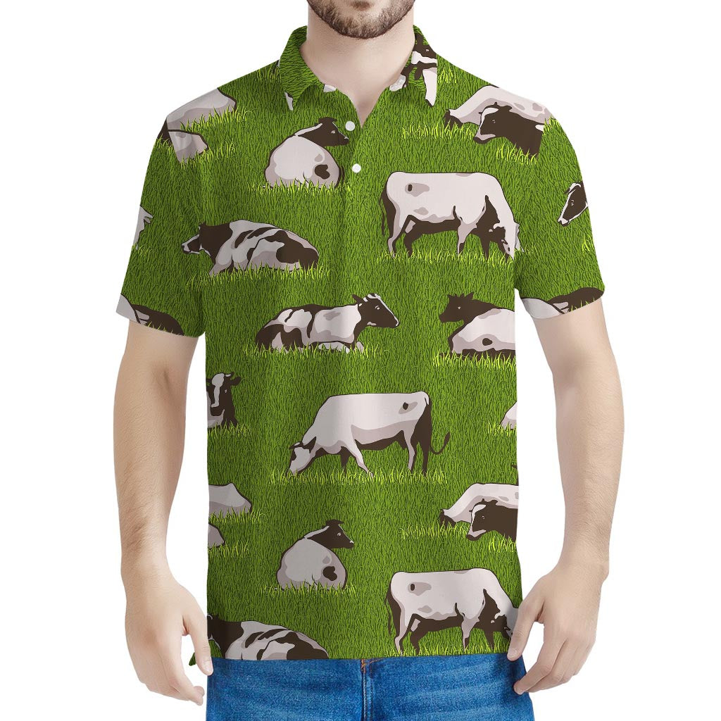 Cow On Green Grass Pattern Print Men's Polo Shirt