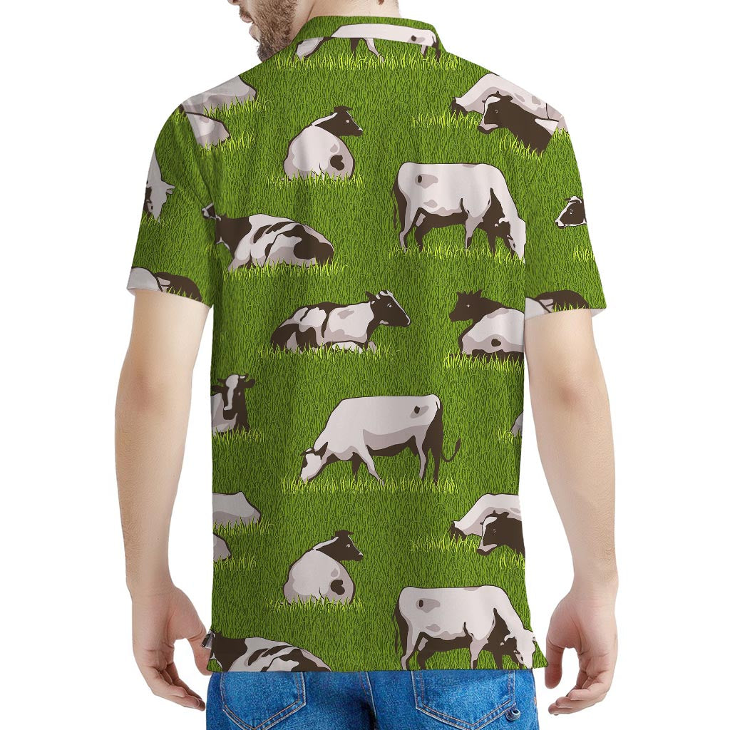 Cow On Green Grass Pattern Print Men's Polo Shirt