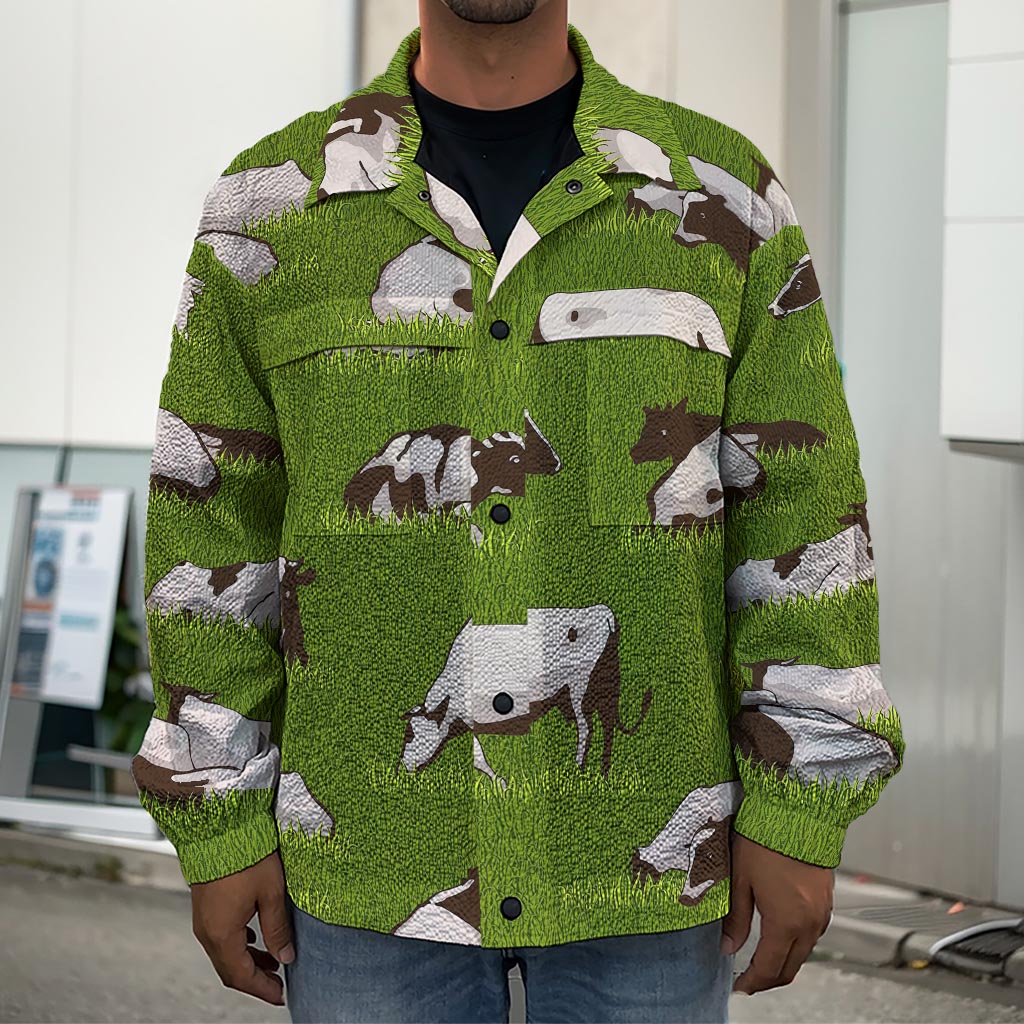 Cow On Green Grass Pattern Print Men's Shirt Jacket