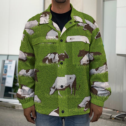 Cow On Green Grass Pattern Print Men's Shirt Jacket