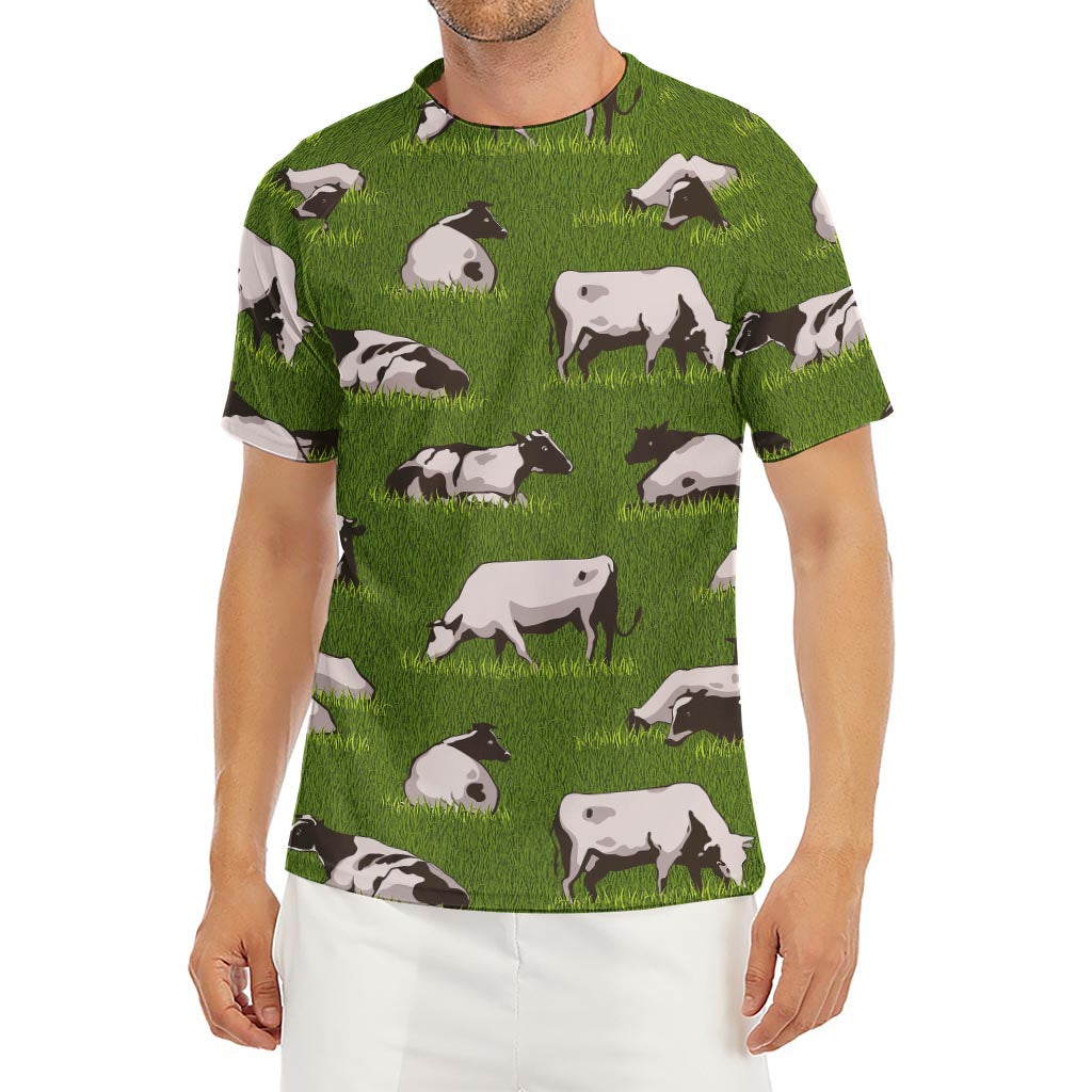 Cow On Green Grass Pattern Print Men's Short Sleeve Rash Guard