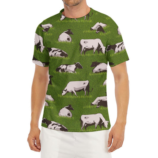 Cow On Green Grass Pattern Print Men's Short Sleeve Rash Guard