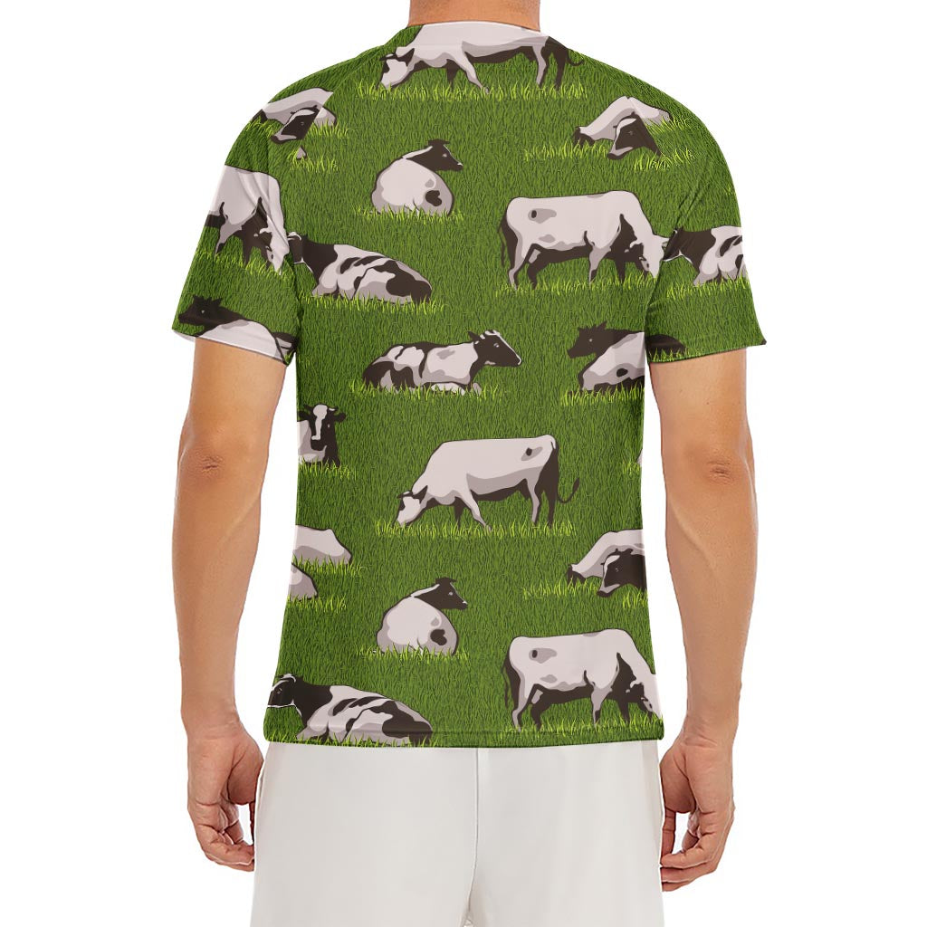 Cow On Green Grass Pattern Print Men's Short Sleeve Rash Guard