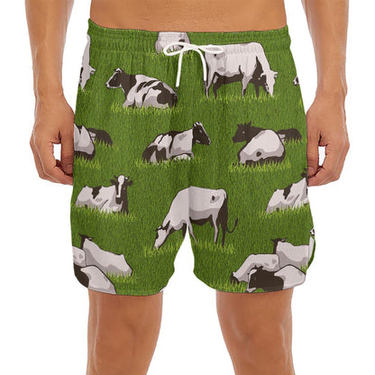 Cow On Green Grass Pattern Print Men's Split Running Shorts