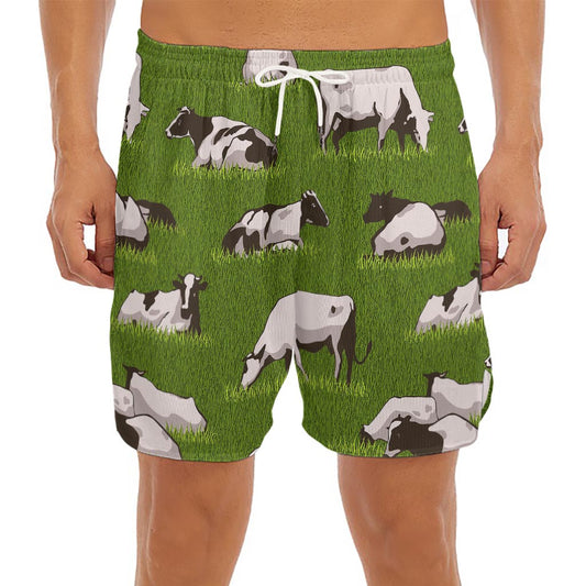 Cow On Green Grass Pattern Print Men's Split Running Shorts