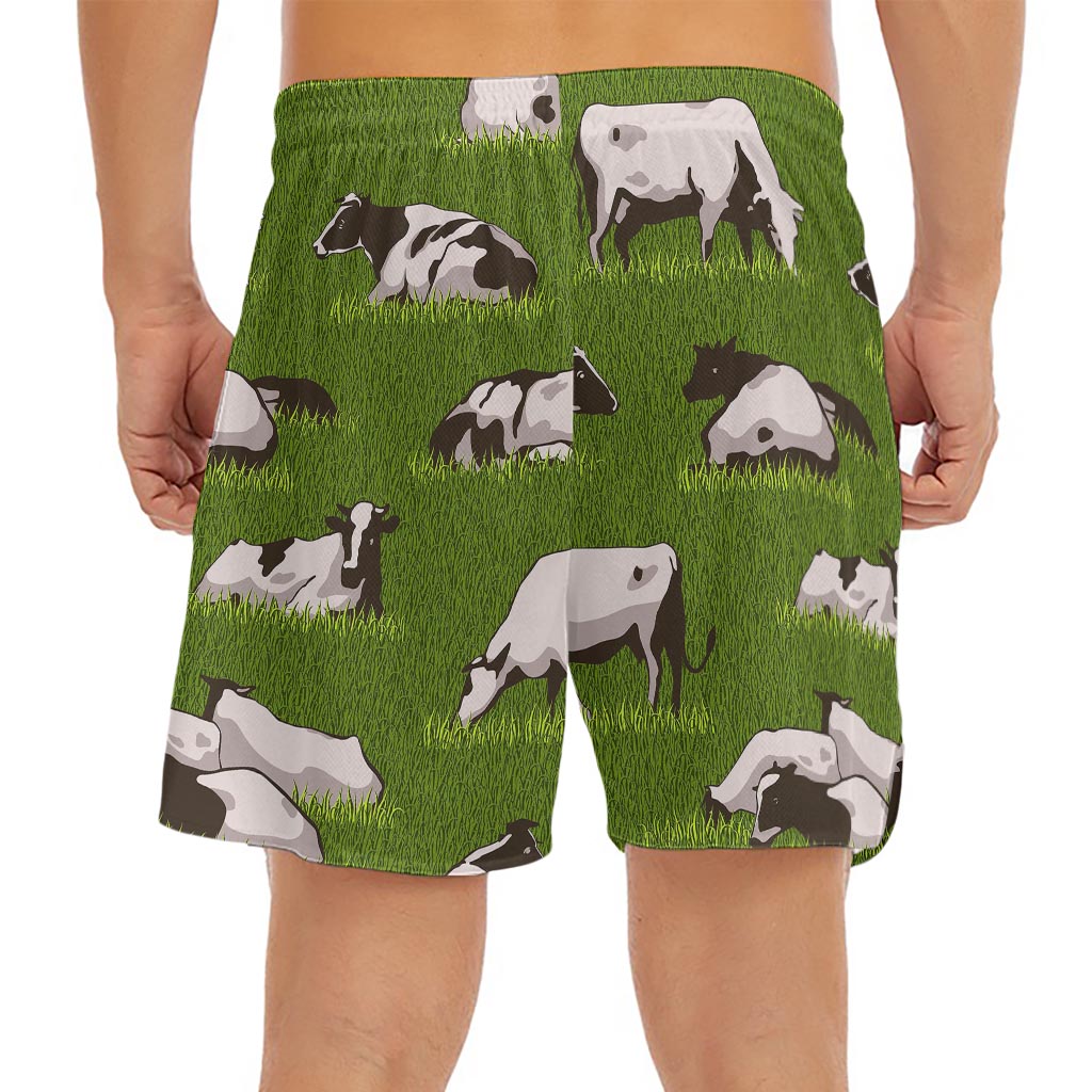 Cow On Green Grass Pattern Print Men's Split Running Shorts
