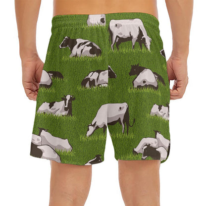 Cow On Green Grass Pattern Print Men's Split Running Shorts