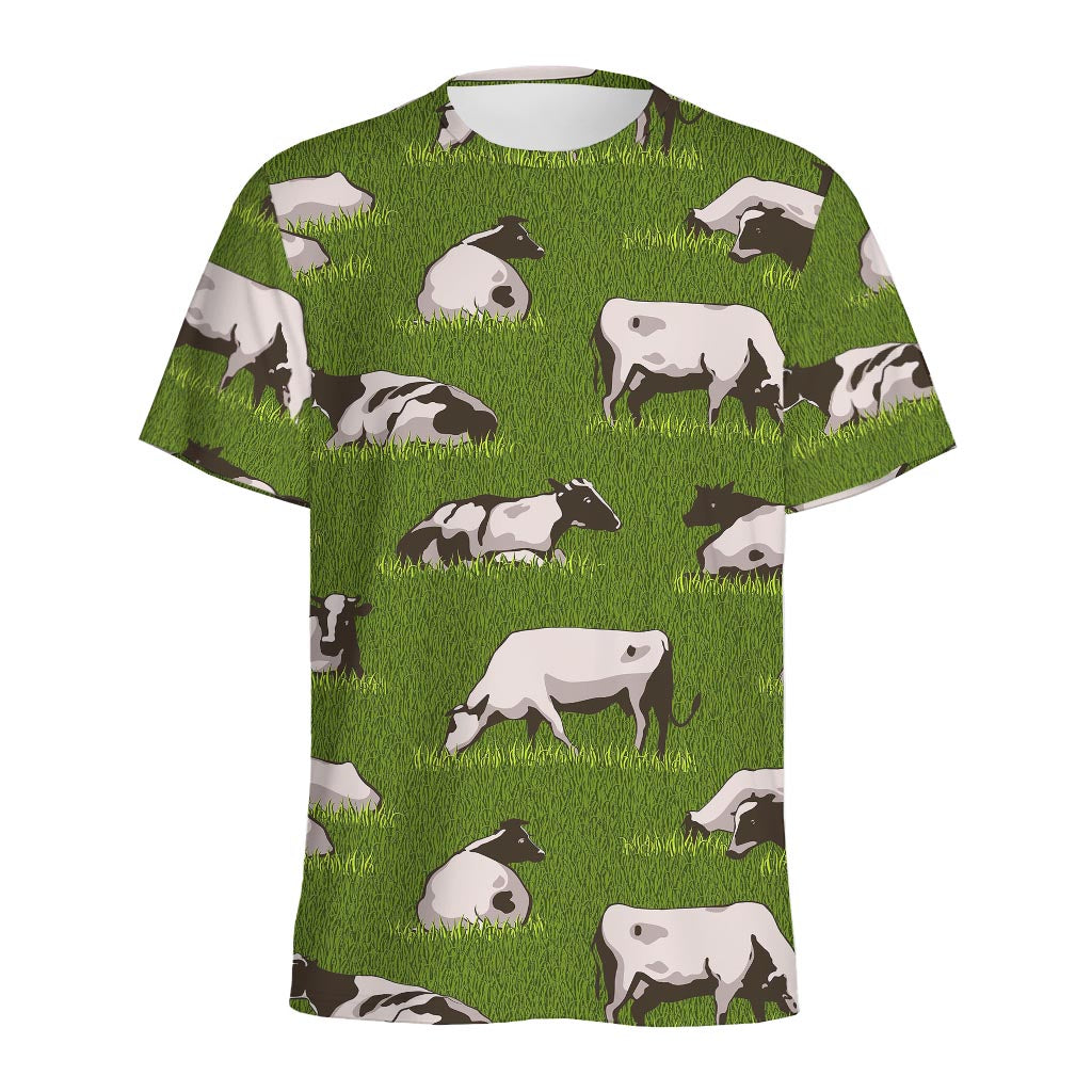 Cow On Green Grass Pattern Print Men's Sports T-Shirt