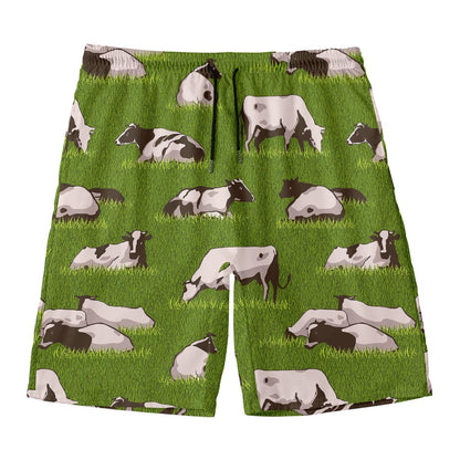 Cow On Green Grass Pattern Print Men's Swim Trunks
