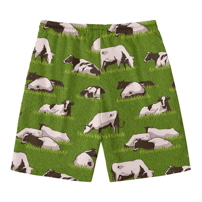 Cow On Green Grass Pattern Print Men's Swim Trunks