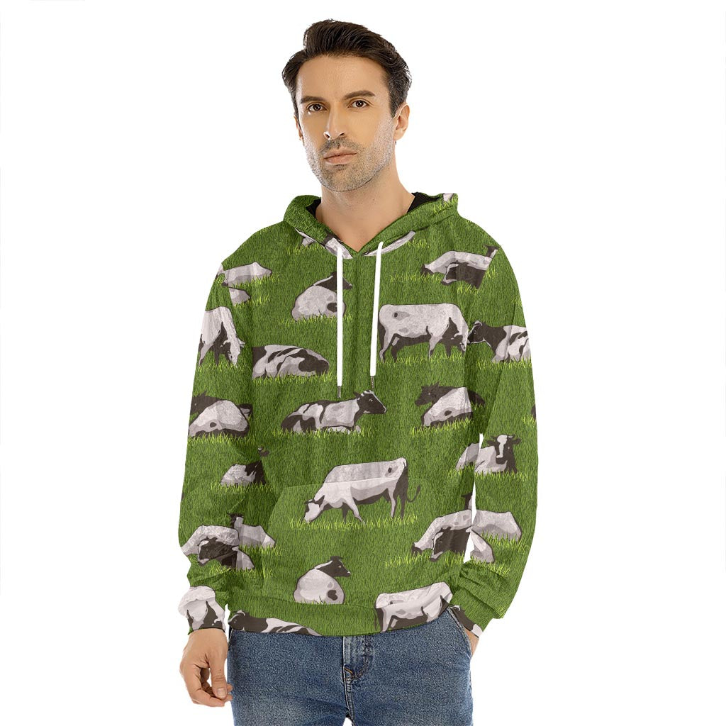Cow On Green Grass Pattern Print Men's Velvet Pullover Hoodie
