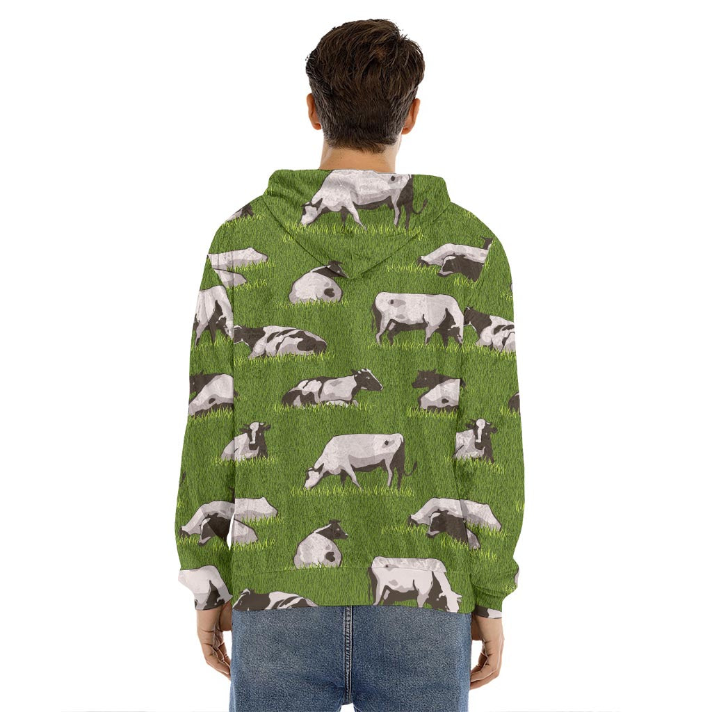 Cow On Green Grass Pattern Print Men's Velvet Pullover Hoodie