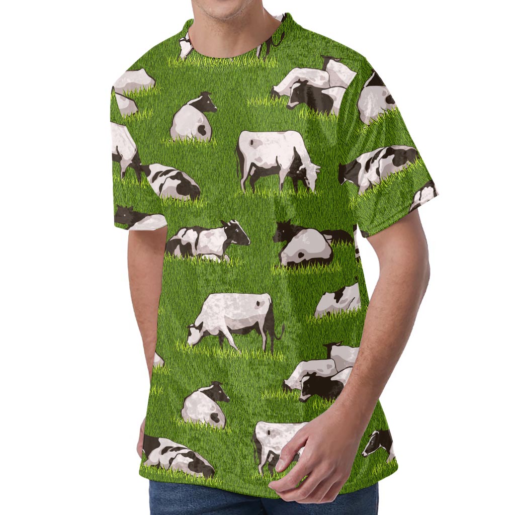 Cow On Green Grass Pattern Print Men's Velvet T-Shirt
