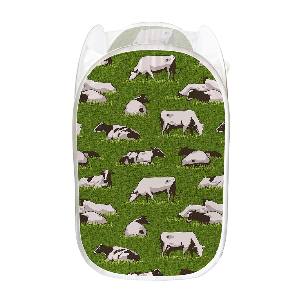Cow On Green Grass Pattern Print Mesh Laundry Hamper