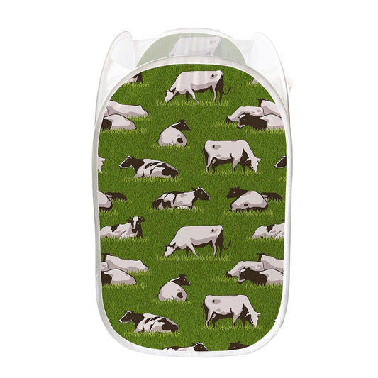 Cow On Green Grass Pattern Print Mesh Laundry Hamper