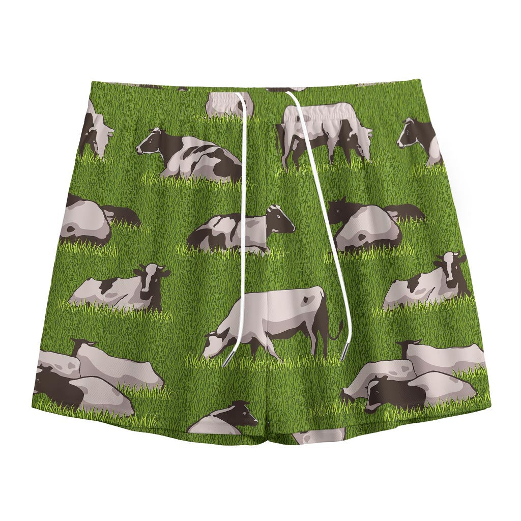 Cow On Green Grass Pattern Print Mesh Shorts