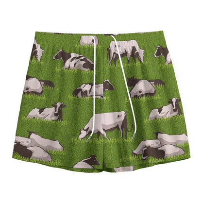 Cow On Green Grass Pattern Print Mesh Shorts