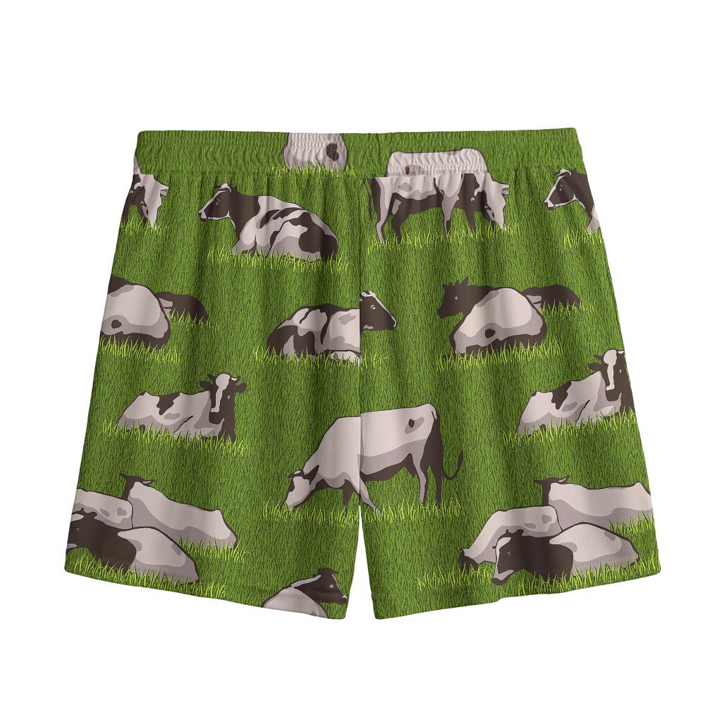 Cow On Green Grass Pattern Print Mesh Shorts