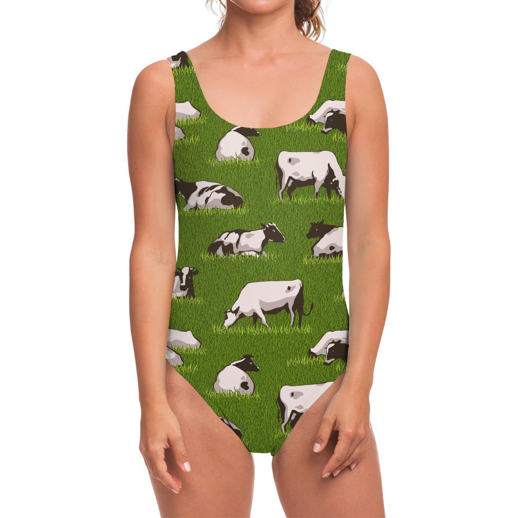 Cow On Green Grass Pattern Print One Piece Swimsuit