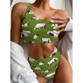 Cow On Green Grass Pattern Print One Shoulder Bikini Set
