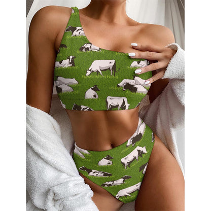 Cow On Green Grass Pattern Print One Shoulder Bikini Top