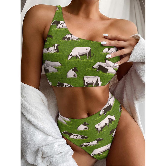 Cow On Green Grass Pattern Print One Shoulder Bikini Top
