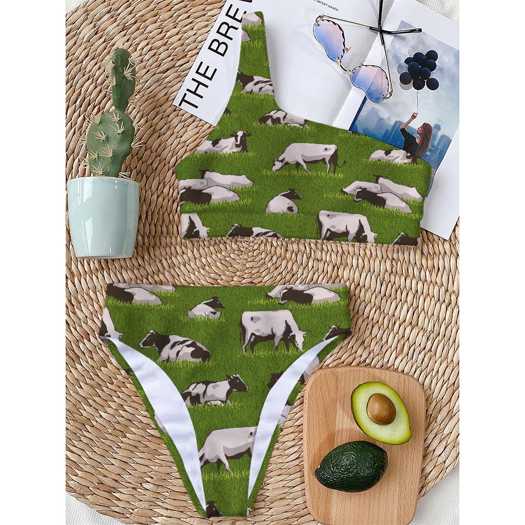 Cow On Green Grass Pattern Print One Shoulder Bikini Top