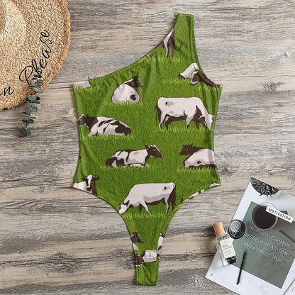 Cow On Green Grass Pattern Print One Shoulder Bodysuit
