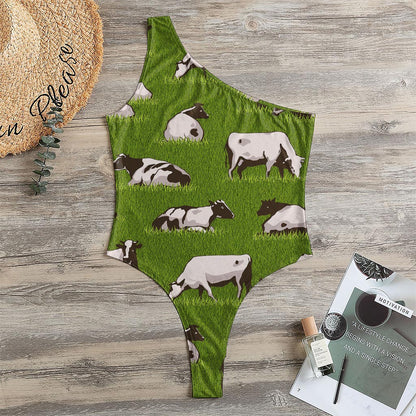 Cow On Green Grass Pattern Print One Shoulder Bodysuit