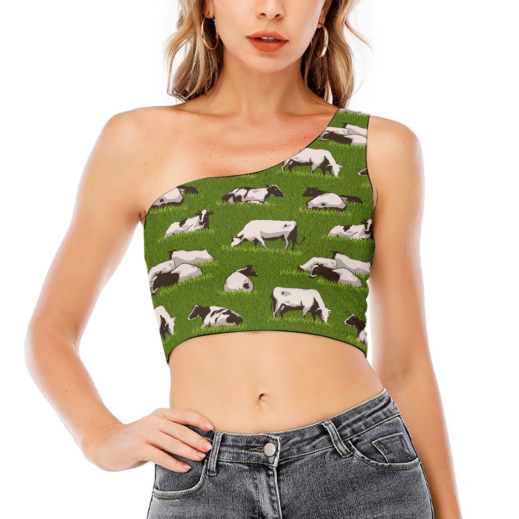 Cow On Green Grass Pattern Print One Shoulder Crop Top