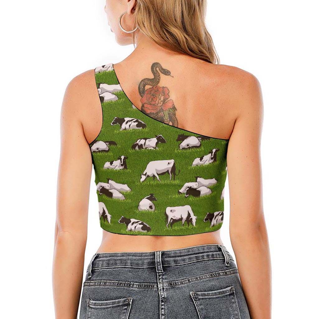 Cow On Green Grass Pattern Print One Shoulder Crop Top
