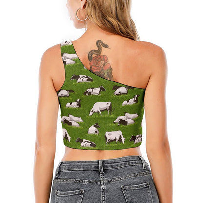 Cow On Green Grass Pattern Print One Shoulder Crop Top