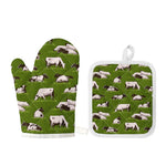 Cow On Green Grass Pattern Print Oven Mitt And Pot Holder Set