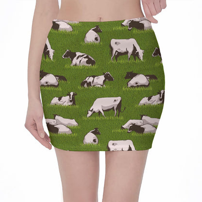 Cow On Green Grass Pattern Print Pencil Mini Skirt
