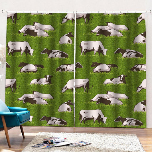 Cow On Green Grass Pattern Print Pencil Pleat Curtains