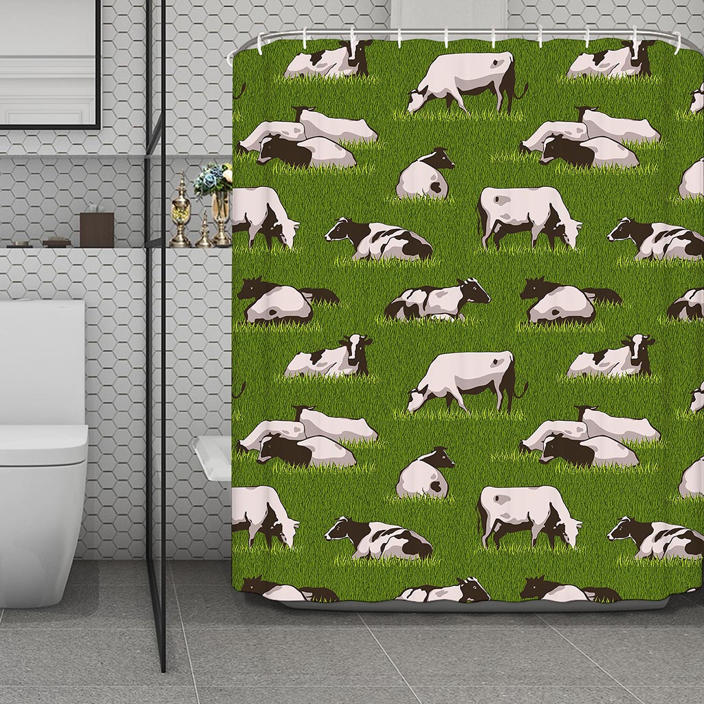 Cow On Green Grass Pattern Print Polyester Shower Curtain
