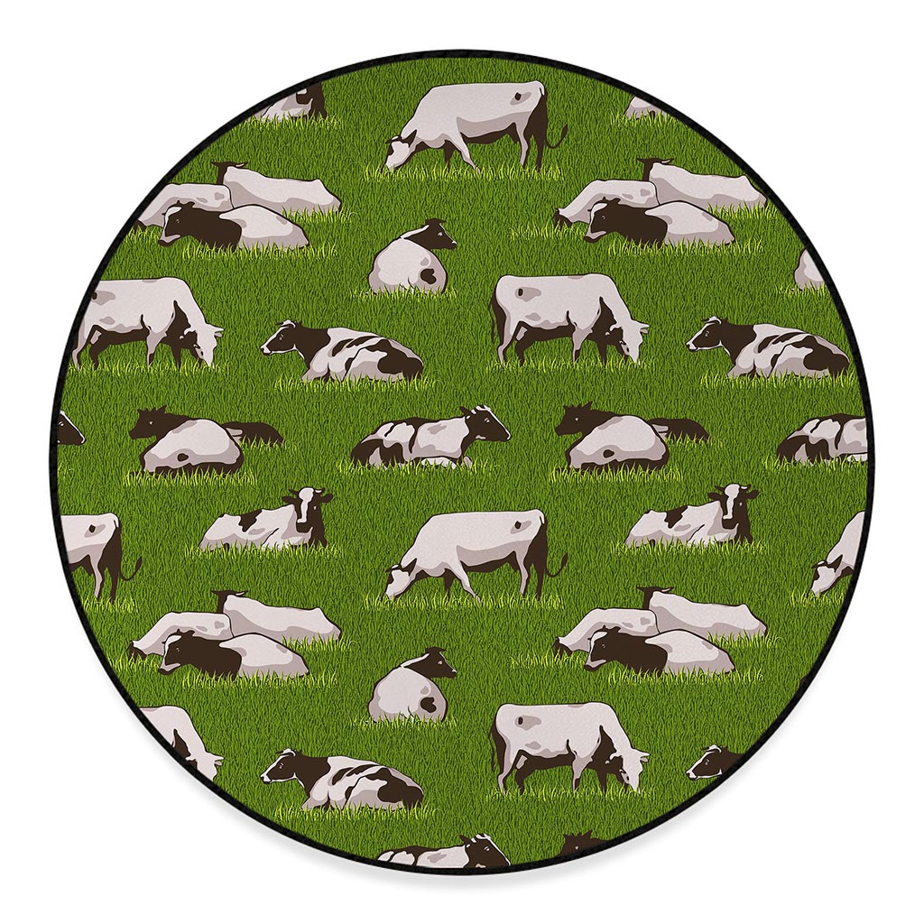 Cow On Green Grass Pattern Print Round Floor Mat