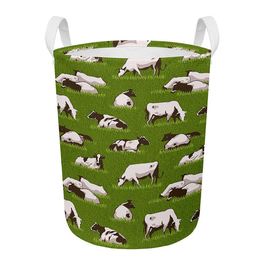 Cow On Green Grass Pattern Print Round Laundry Basket