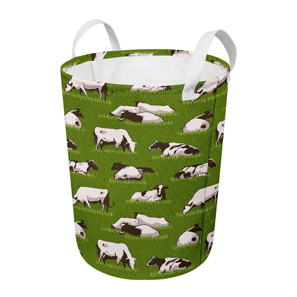 Cow On Green Grass Pattern Print Round Laundry Basket