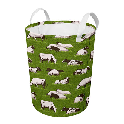 Cow On Green Grass Pattern Print Round Laundry Basket