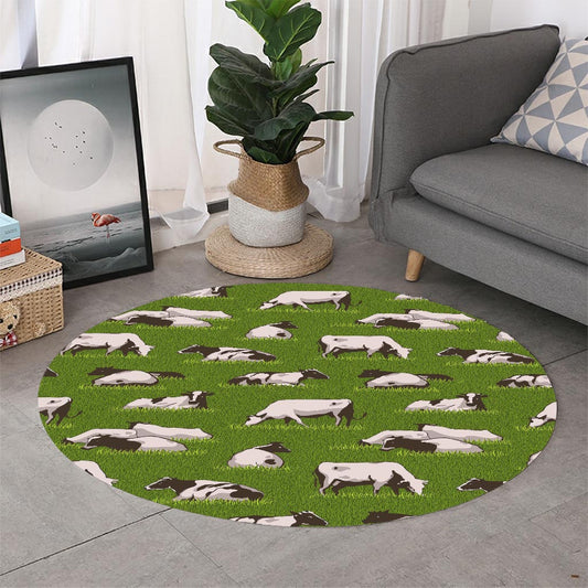 Cow On Green Grass Pattern Print Round Rug