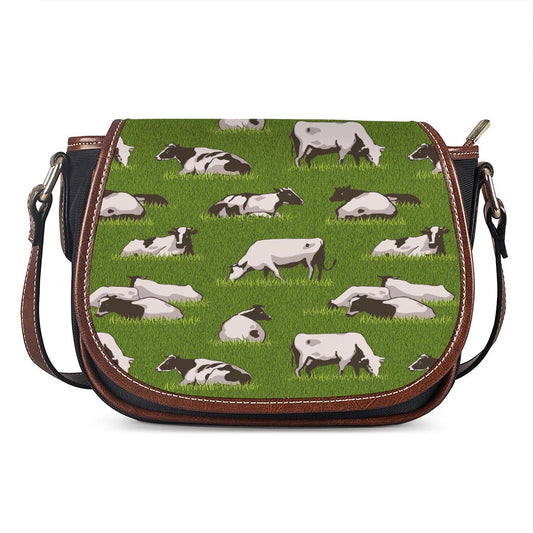 Cow On Green Grass Pattern Print Saddle Bag
