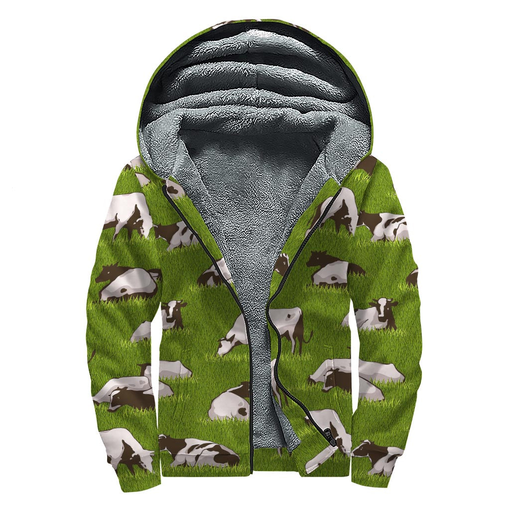 Cow On Green Grass Pattern Print Sherpa Lined Zip Up Hoodie