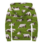 Cow On Green Grass Pattern Print Sherpa Lined Zip Up Hoodie