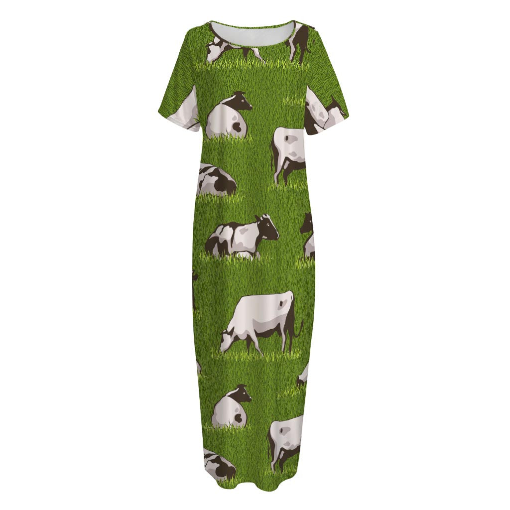Cow On Green Grass Pattern Print Short Sleeve Long Nightdress